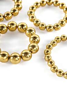 Rollcall 4pcs Elegant Vintage Geometric Round Beaded Elastic Minimalist Wide Cuff Bracelet Set, Fashion Accessory For Holiday, Party, Gift, Daily Wear - Yellow Gold - View 4
