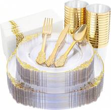 175pcs Elegant Clear And Disposable Dinnerware Set For 25 Guests Includes Plates Cutlery Cups And Napkins For Weddings And Parties - Clear - View 1