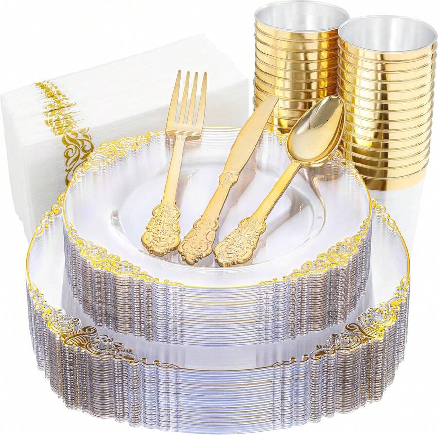 175pcs Elegant Clear And Disposable Dinnerware Set For 25 Guests Includes Plates Cutlery Cups And Napkins For Weddings And Parties - Clear - View 1