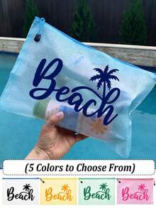 多色時尚網格海灘包，印有「Beach」椰子樹圖案，海灘主題。大容量透明化妝包，尼龍拉鍊盥洗包，輕巧，可存放防曬霜、零食、比基尼和海灘用品。春/夏儲物，適合游泳、海灘、潛水和夏季度假，學生返校，輕巧防曬儲物袋，適合朋友、家人、閨蜜、同學。完美禮物，多種顏色可選 - 彩色 - 查看 2