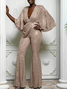 2026 Nuevo Mono Sexy de Lentejuelas con Escote en V Profundo y Espalda Descubierta para Mujer, Estilo Europeo y Americano, Pantalones Largos, a la Moda, para Comercio Exterior - Champán - Ver 2