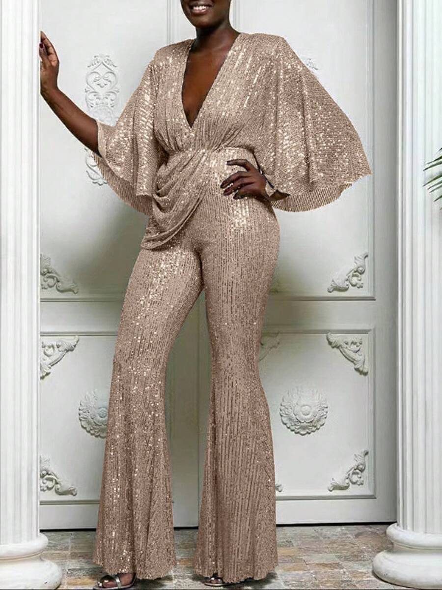 2026 Nuevo Mono Sexy de Lentejuelas con Escote en V Profundo y Espalda Descubierta para Mujer, Estilo Europeo y Americano, Pantalones Largos, a la Moda, para Comercio Exterior