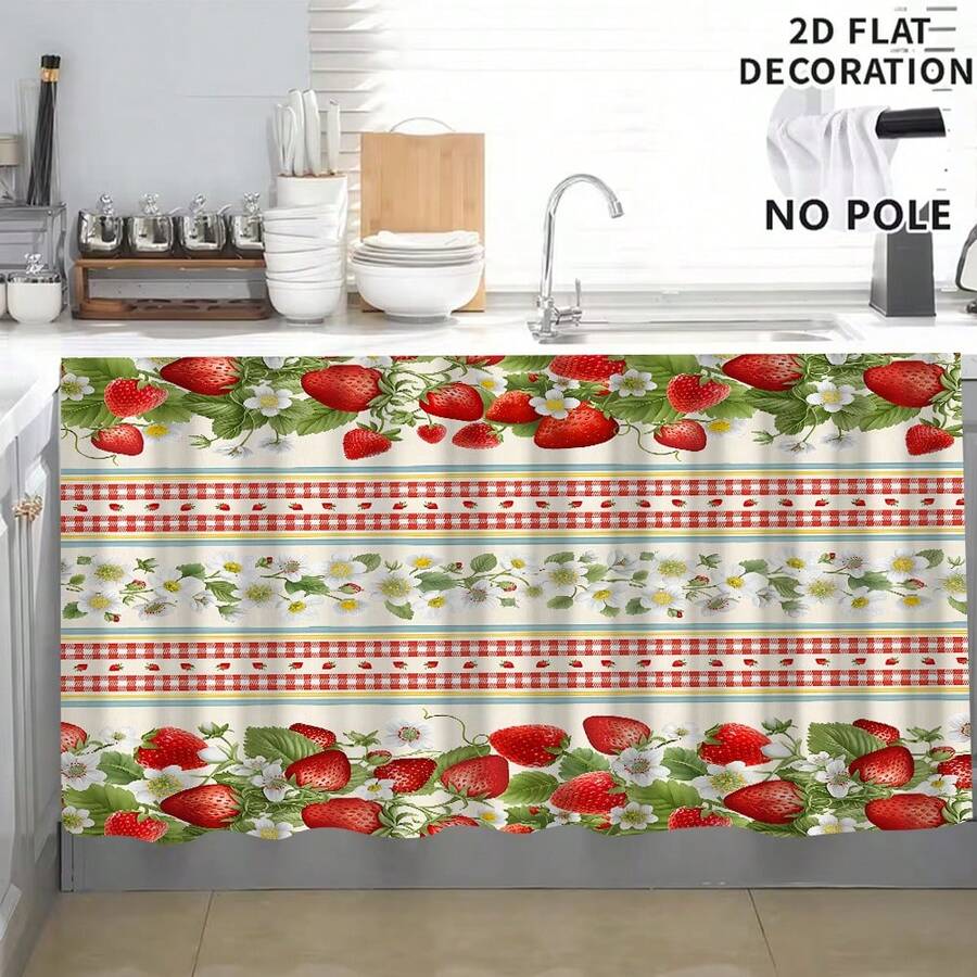1pc, Home Decor, Strawberry Pattern Printed Table Skirt, Kitchen Small Curtain, Kitchen Cabinet Cover, With Curtain Holes, Easy To Hang, Rectangular, Machine Woven, Machine Washable, Kitchen Decoration And Accessories, Perfect For Kitchen Cabinets And Home Decor - Multicolor - View 1