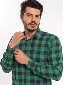 Men's Casual Long-Sleeved Plaid Shirt - 綠色 - 查看 4