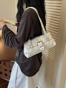 2026 Fashion New Y2K Solid Color Pleated Crescent Bag, Rivet Buckle Decor Motorcycle Shoulder Bag, Suitable For Daily Street Style And Casual Outings - White - View 4