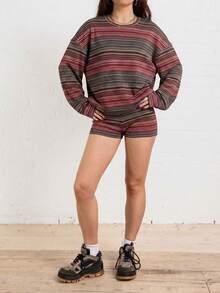 Women's Casual Space Dye Striped 2 Pieces Set, Includes Round Neck Top And Matching Shorts, Suitable For Autumn - Multicolor - View 6