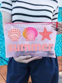 Waterproof PVC Beach Bag With "Summer" Print,Includes Storage Bag,A4 Transparent File Pouch,Large-Capacity Mesh Zipper Makeup & Swim Bag,Portable Travel Tote For Swimming,Vacation,Summer Essential,Perfect Gift For Friends Teachers,Holiday,Party - Multicolor - View 4