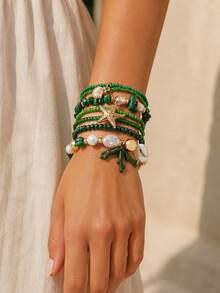 Set de 6 piezas de pulseras multicapa con cuentas de piedras naturales, perlas, coral, conchas y estrellas de mar de estilo bohemio y oceánico, adecuado para uso diario y vacaciones en la playa - Conjunto de estrellas de mar de coral - Ver 10
