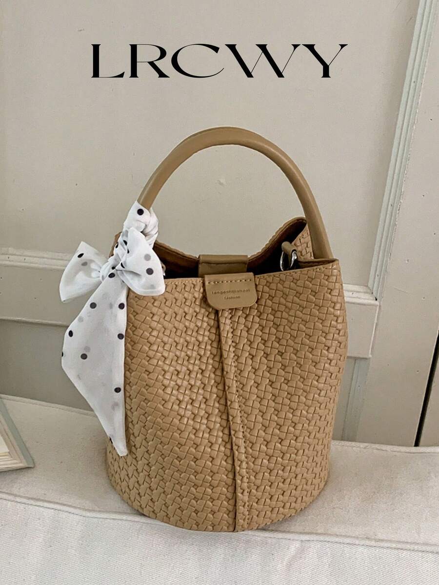 Women's Bucket Handbag, Fashionable Versatile Elegant Solid Color Striped Khaki Bag With Scarf, Suitable For Shopping And Commuting, Includes Small Pouch - Khaki - View 1