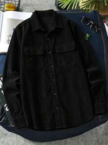 WAIT HIM Men's Corduroy Old Money Style Shacket, Autumn - Black - View 5