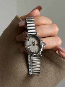 1pc Women's Oval Silver Black Square Gold Dial Quartz Casual Watch, Suitable For Daily Wear - Silver - View 2