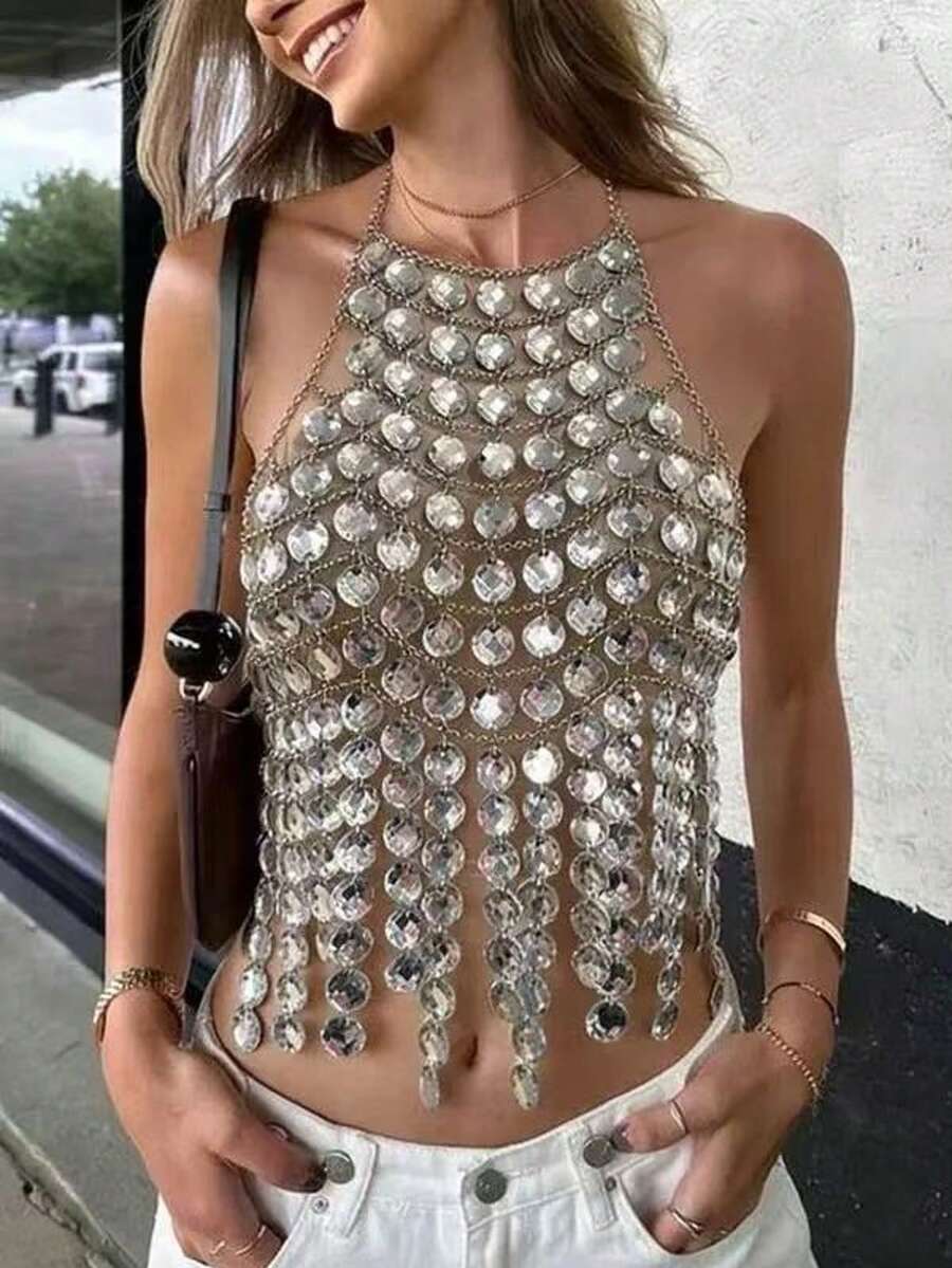 ZHENGHEN Y2K Shiny Sequin Fringe Personalized Top, Handmade Silver Disc Halter Body Chain, Exaggerated Electro Music Festival Street Style Outfit