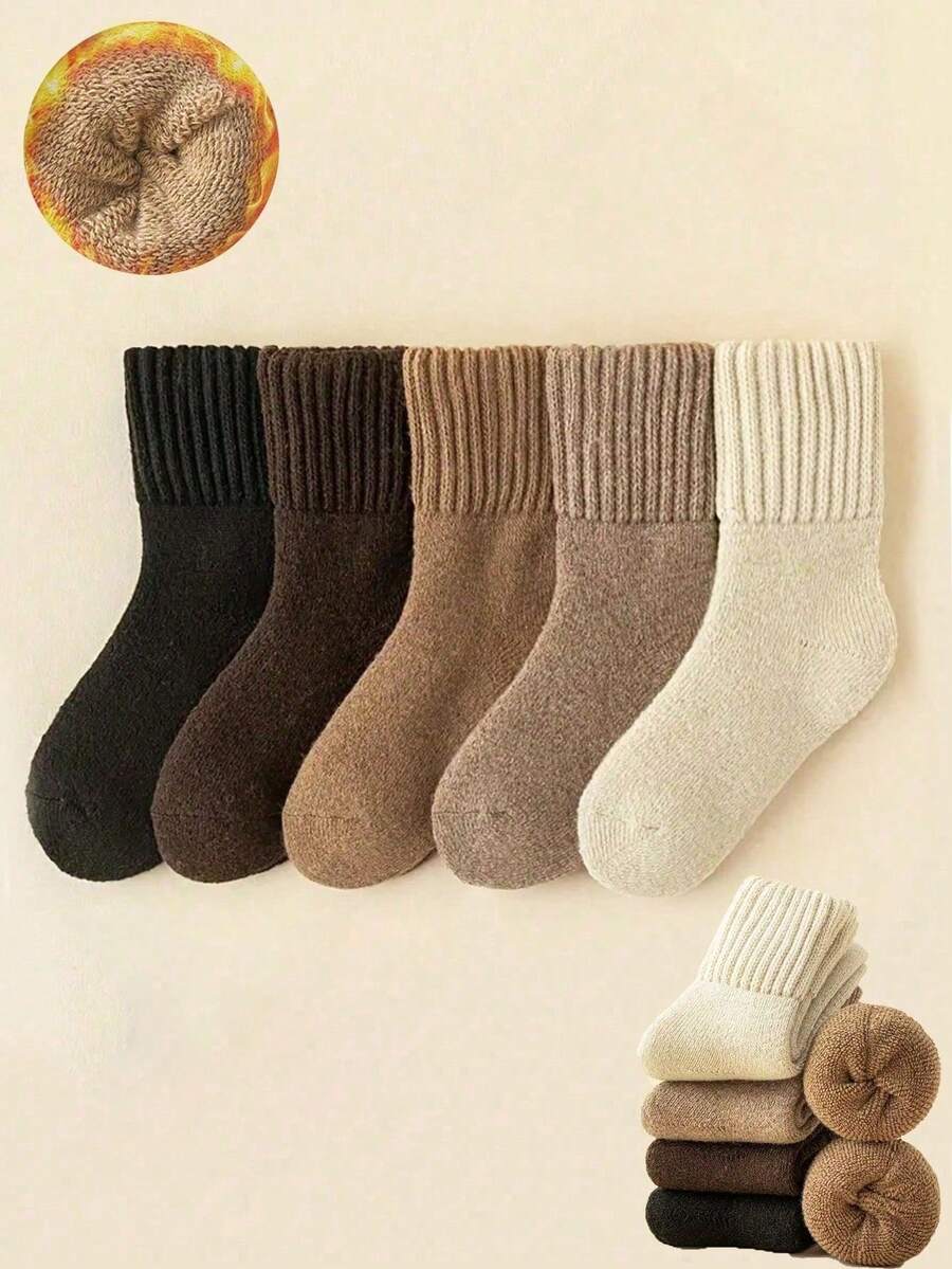 5双装女士保暖加厚针织柔软复古休闲船袜，冬季羊毛袜