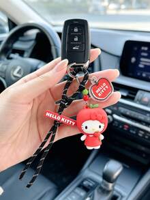 MINISO Sanrio Hello Kitty 蘋果主題鑰匙圈，可愛角色迷你公仔包飾吊飾，附黑色編織繩掛帶、蘋果壓克力吊墜與金屬掛鉤，背包錢包配件，開學禮物 - 樣式 1 - 查看 2