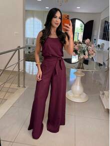 Casual Chic Wide-Leg Set - Two Pieces (Tank Top + Flowy Pants) - 酒紅色 - 查看 2