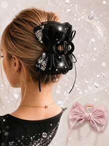 1pc Shiny Faux Rhinestone Bow Ribbon Hair Clip, Elegant Lightweight Tulle Hair Accessory For Women - Multicolor - View 10