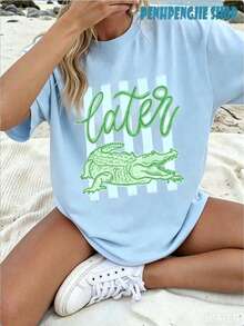 Plus Size Casual Crocodile Print Tee Shirt, Short Sleeve Round Neck Regular Fit T-Shirt, Cute & Sexy Summer Top For Women - 淺藍色 - 查看 1