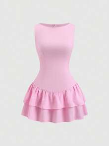 Vestido mini de línea A con doble capa de volantes, sin mangas, en estilo vintage, romántico, elegante, juguetón, lindo, bohemio, para festivales de música, vacaciones, citas, traye - Rosa vieja - Ver 1