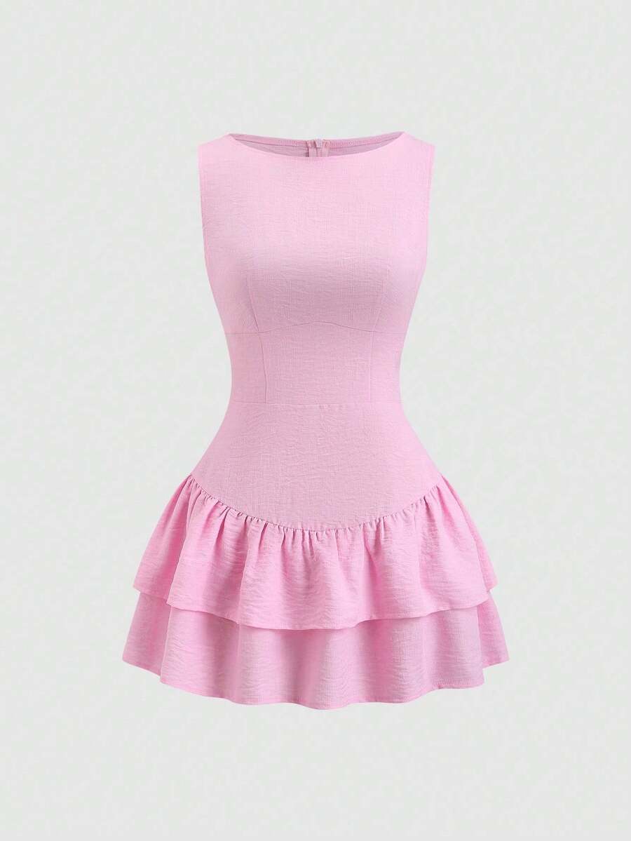Vestido mini de línea A con doble capa de volantes, sin mangas, en estilo vintage, romántico, elegante, juguetón, lindo, bohemio, para festivales de música, vacaciones, citas, traye - Rosa vieja - Ver 1
