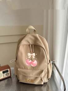 1 pieza Mochila personalizada de gran capacidad para volver a la escuela, versátil con estampado de lazo lindo & cereza, cierre de cremallera, material de nylon, correas de hombro ajustables, portátil a mano, adecuada para la escuela, el transporte, las compras, los viajes al aire libre. Regalo de cumpleaños. - Multicolor - Ver 5