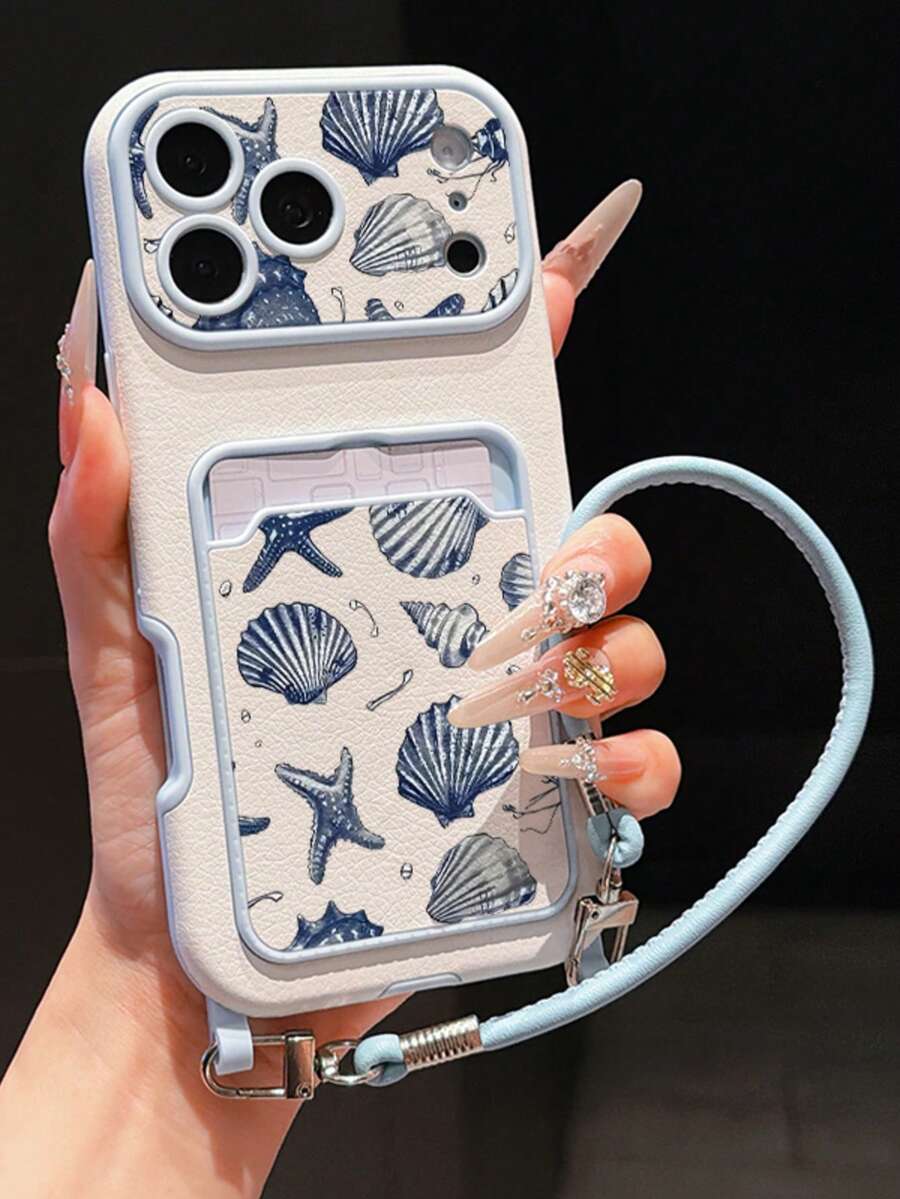 Casing Ponsel Full Cover dengan Gantungan Kartu Motif Kerang Laut & Keong, Kompatibel dengan iPhone 11/12/13/14/15/16/17 Semua Seri Pro/Pro Max, Tahan Guncangan dan Anti Sidik Jari. - Baby Blue - View 1