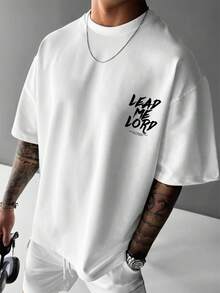 ¡Camiseta casual para hombre de estilo europeo y americano a la moda! Presenta el texto artístico de graffiti LEAD ME LORD junto con frases inspiradoras y elementos de fondo de graffiti im - Blanco - Ver 2