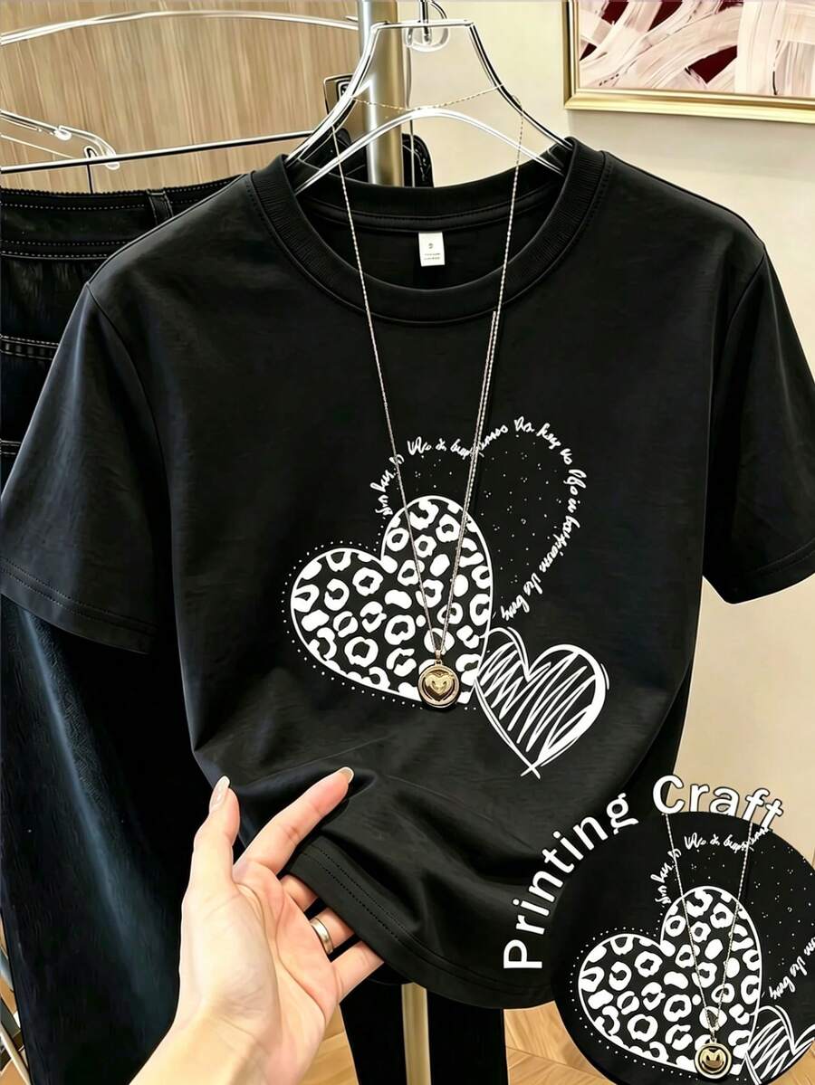 Women's Heart-Shaped Printed Short-Sleeved Shirts, Spring Wear, Holiday Wear, Summer White, Seaside Vacation Style, Country Style, Women's Office Wear. - 黑色 - 查看 1