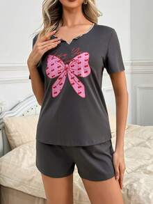 Pyjama décontracté d'été pour femme 2 pièces, pull à manches courtes avec nœud, imprimé cerise, couleurs contrastées, style loungewear - Noir - Voir 4
