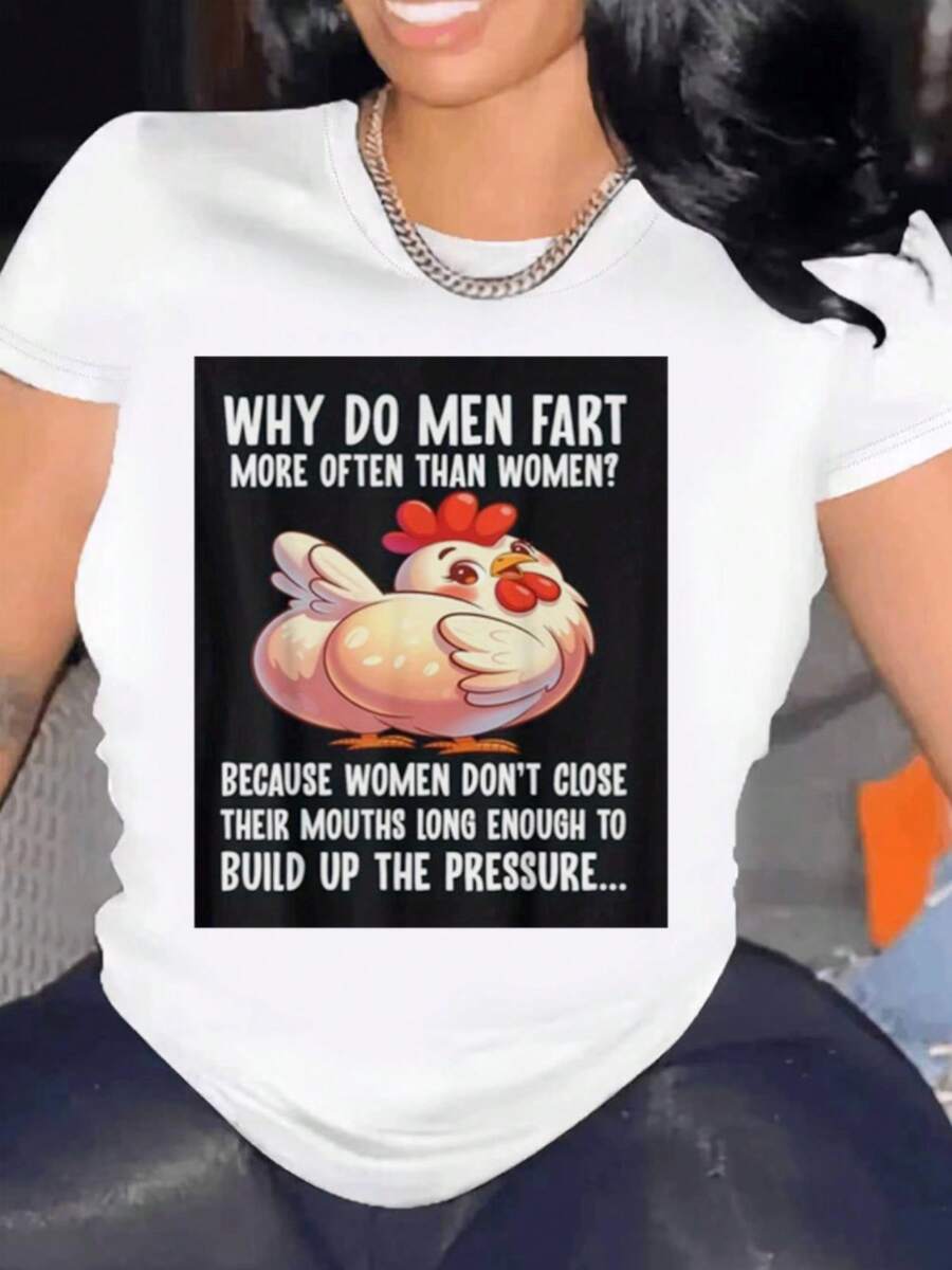 Funny Women's T-Shirt With Fart Joke Design - Why Do Women Fart More Than Men? Because Women Don't - Graphic T-Shirt - Comfortable Casual T-Shirt - 黑 - 查看 1