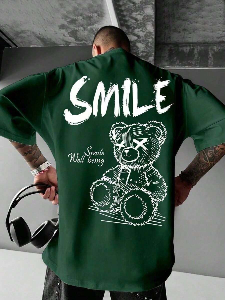 Camiseta de Hombre con Estampado de Sonrisa, Camisa Sencilla 100% Algodón - Verde - Ver 1