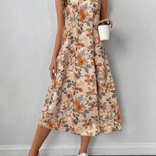 LUNE Vestido midi casual y elegante de cuello redondo, sin mangas, con bajo acampanado y estampado floral retro - Multicolor - Ver 4