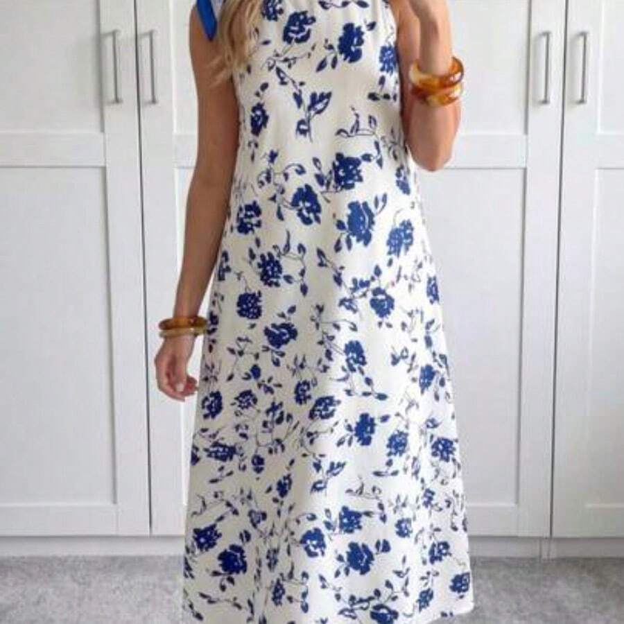 LUNE Vestido midi casual y elegante de cuello redondo, sin mangas, con bajo acampanado y estampado floral retro - Azul y blanco - Ver 1