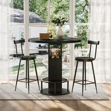 Conjunto de mesa e banquetas de bar com 3 peças: mesa redonda de 80 cm com duas banquetas, mesa de jantar de madeira com apoio para os pés em formato de anel de metal. Adequado para salas de jantar, cafés, bares, salas de estar, etc. Cor: Nogueira. - Preto - Ver 4