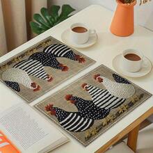 Multi-Pack Farm Chicken Placemats In 2 Styles: Red Checkered & Linen Embroidered. 100% Polyester, Non-Slip, Heat-Resistant, Easy To Clean. Ideal For Farmhouse Kitchens, Meals And Gatherings. - Multicolor - View 5