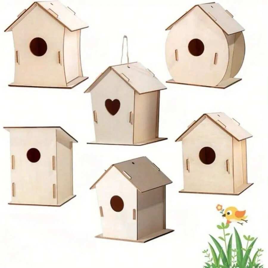1/6/12pcs DIY Wooden Birdhouse, Handmade Painting Accessories, Outdoor Garden Hanging Decor, Gardening Decoration, Includes Bird Nest, Bird Cage, Suitable For Hanging Decoration, Graffiti, Art, Adult Craft Materials And Garden - Multicolor - View 1