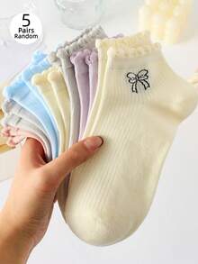 5 Pairs Women's Bow Tie Candy Color Boat Socks, Random Colors, Suitable For All Seasons - Multicolor - View 1