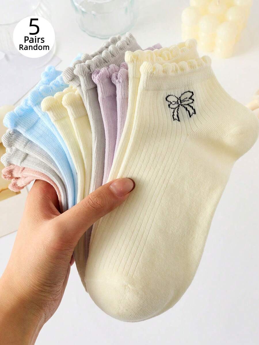 5 Pairs Women's Bow Tie Candy Color Boat Socks, Random Colors, Suitable For All Seasons - Multicolor - View 1