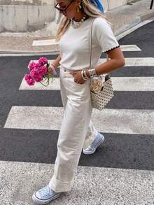 Women's Knit Crew Neck Short Sleeve Top, Commuting & Casual Wear, Summer - Off White - View 5