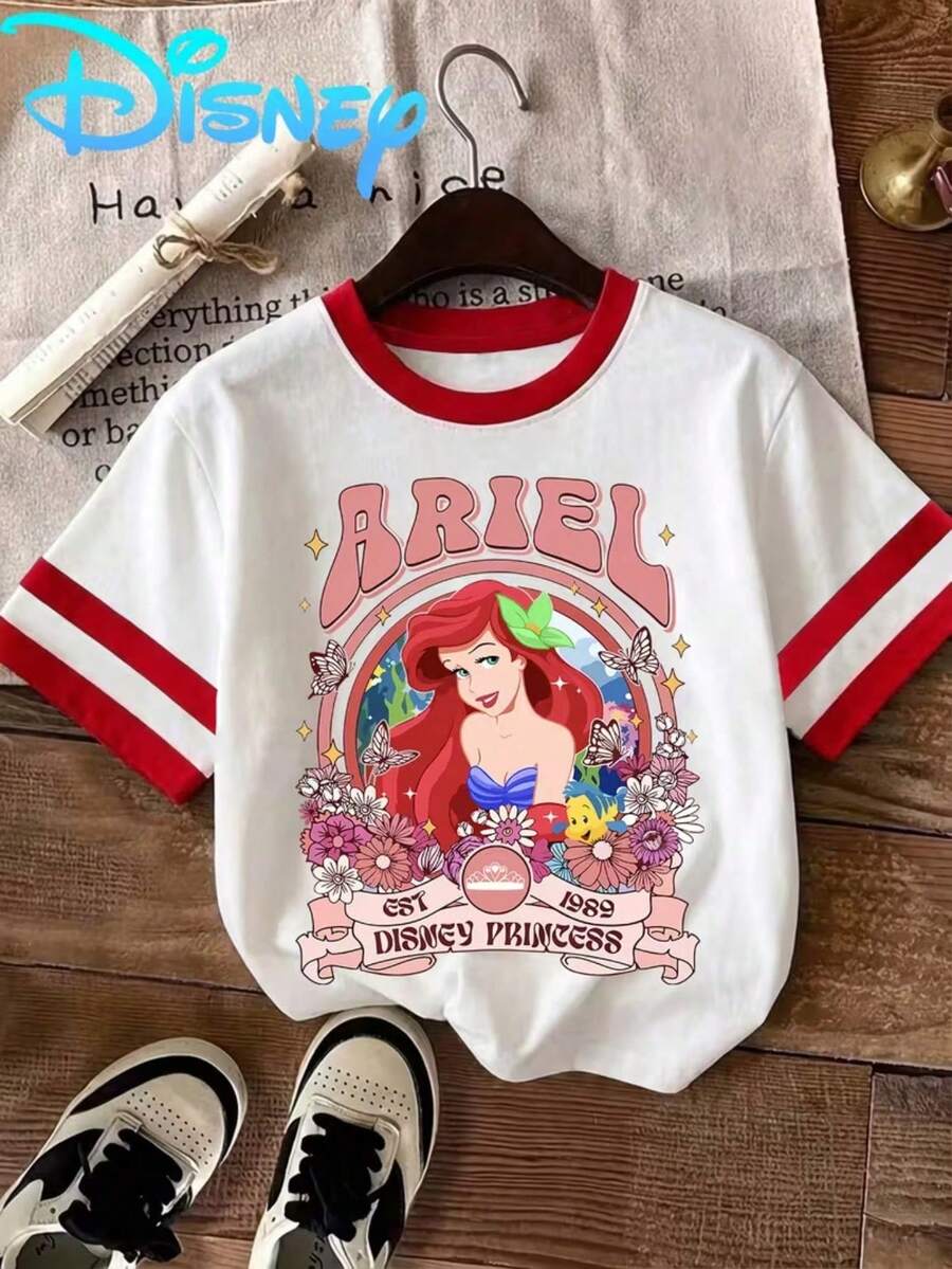 Disney-Licensed Women's Y2K Color-Blocked Summer Crew-Neck T-Shirt-A Breathable, Casual Top Featuring An Ariel Design, Perfect For Everyday Wear - 紅白色 - 查看 1