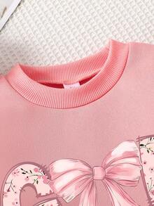 Young Girl Letter Print Crew Neck Sweatshirt And Sweatpants - Pink - View 3