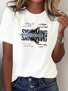Women's T-Shirt With Solid Color Gradient Design And Ink Splatter Print - Casual Short Sleeve Swimming Top - 白色 - 查看 1