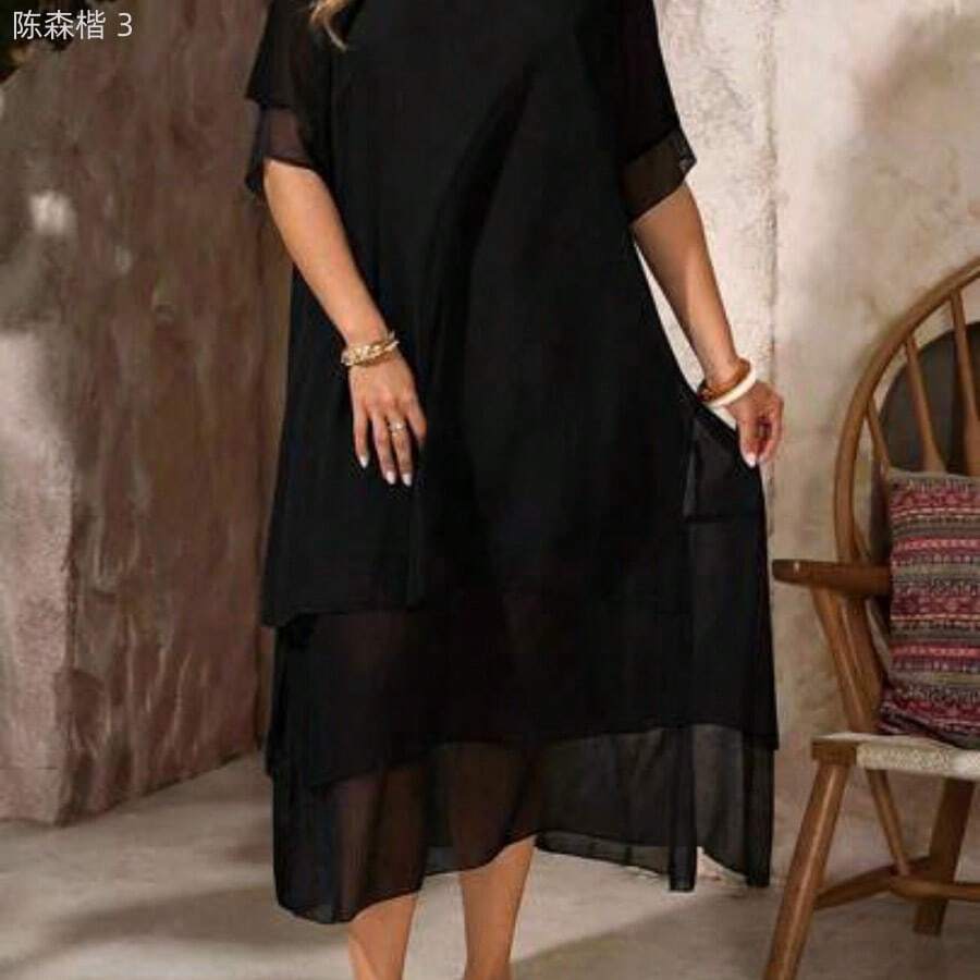 yonghongmaoyi1 Vestido casual de talla grande, vestido bohemio de verano fluyente con cuello redondo, sin mangas, dobladillo asimétrico, adecuado para primavera y verano, - Negro01 - Ver 1