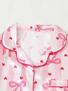 Striped Bow Print Plus Size Women's Satin Short Sleeve Shorts Pajama Set - Pink - View 2