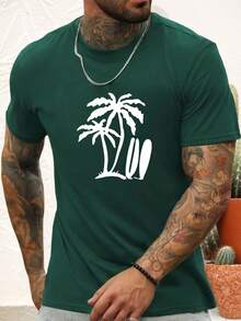 Camiseta azul para hombre con estampado de palmeras blancas y tablas de surf, camiseta casual de verano de manga corta y cuello redondo. - Negro - Ver 5