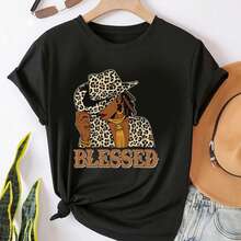 Women's T-Shirt With Blessed Black Cowgirl Design, Western Style, African Christian Woman [Cool Design] With Boots On The Ground, Comfortable Round Neck, Unisex Design And Sleeves, T-Shirts - 黑 - 查看 2