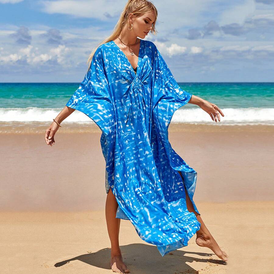 New Rayon Printed Cover-Up Dress For Seaside Vacation, Loose-Fitting Bikini Swimsuit Long Dress For Women