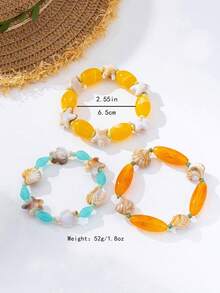 1 cái/3 cái Vòng tay hạt phong cách Bohemian mùa hè đính sao biển và vỏ sò, phối màu khối Dopamine xanh cam - Vòng tay hình sao biển và vỏ sò - Xem 2