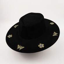 Elegant  Felt Hat With Sparkly Rhinestone Butterfly  Flower Details For Daily  Vacation Outfits - negro - Ver 4