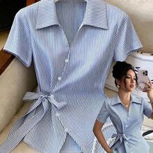 ghadjgyjad  Camisa elegante y versátil para mujer con cuello vuelto, cintura anudada asimétrica, ideal para uso casual, profesional y de oficina - Multicolor - Ver 4