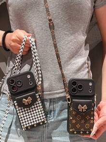 1pc New Bowknot English Card Holder Crossbody Bag Strap, Compatible With IPhone18/18pro/18promax/17 17promax 17 Pro Phone Case, 16 Pro Max, New 15 Pro/14/13/12 Cartoon Phone Case, Compatible With IPhone14 Pro Max/15/12/11/1 Pro Max/16 Pro, Anti-Drop 17 Pro Max Protective Case, Fashion New Card Holder Phone Case - Dark Brown - View 4
